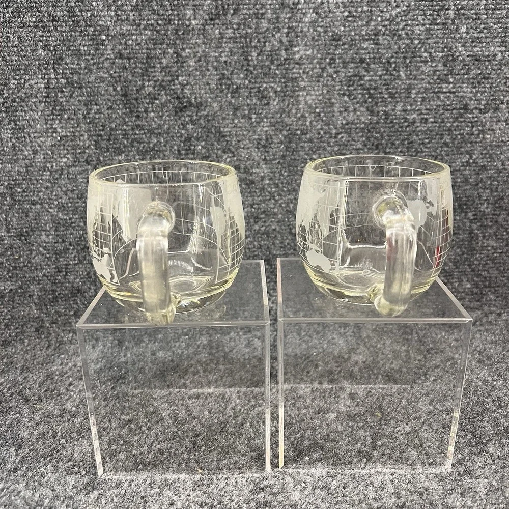 Nestle Nescafe World Map Globe Coffee Mugs Etched Glass 1970s Vintage Lot Of 2